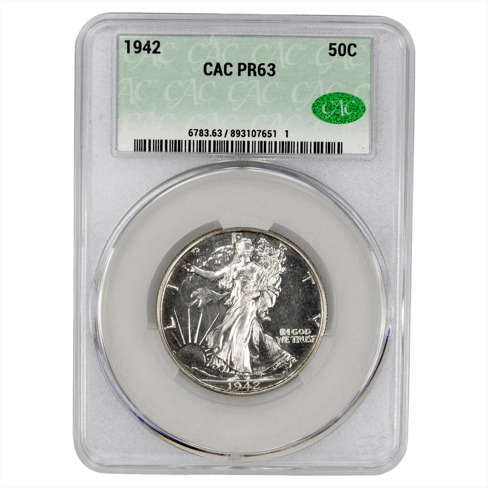 1942 Walking Liberty Half Dollar 50C CACG  PR 63 CAC