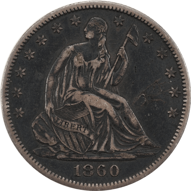 1860-O Seated Liberty 50c No Motto Circulated Very Fine+ 