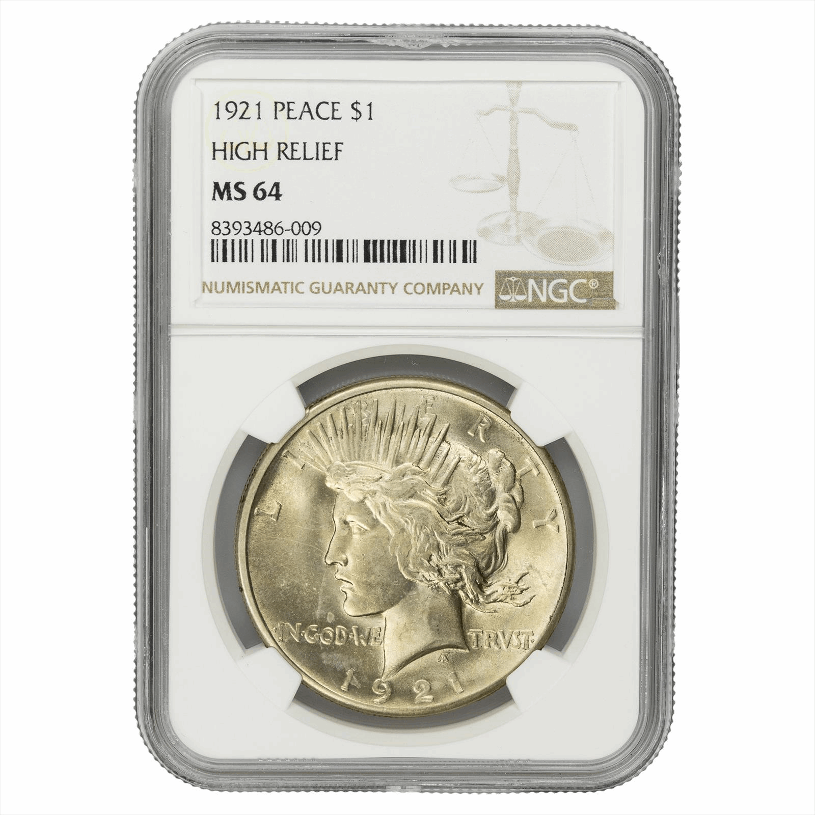 1921 High Relief Silver Peace Dollar $1 NGC MS 64