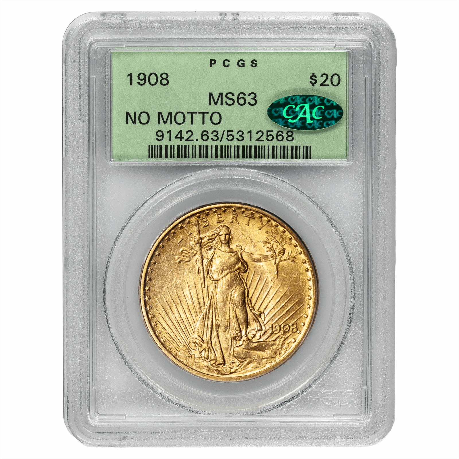 1908 St. Gaudens Gold Double Eagle $20 No Motto PCGS MS 63 CAC