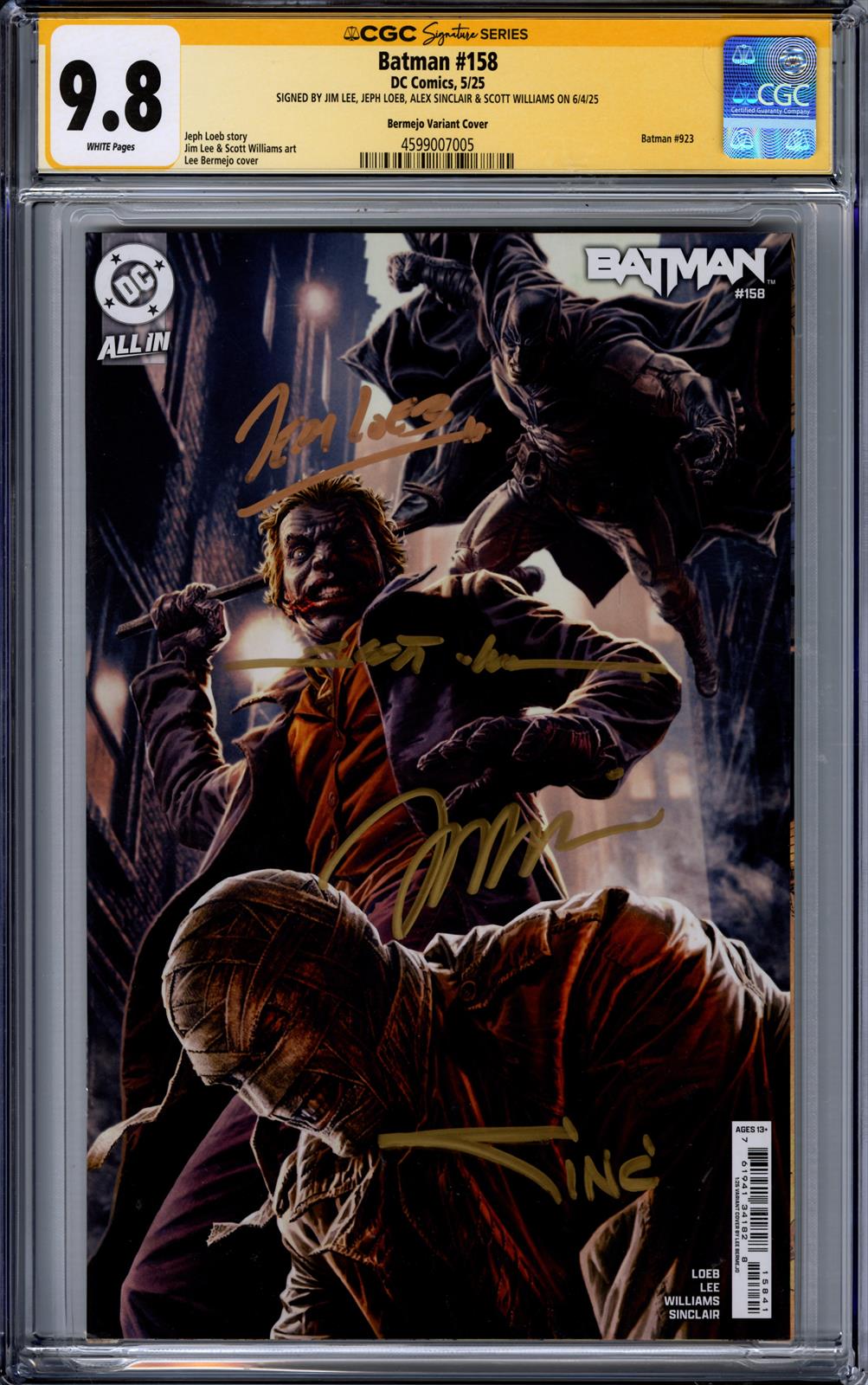 Batman #158 CGC Signature  Series 9.8 (D.C., 2025) Signed by Jim Lee, Jeph Loeb, Alex Sinclair, Scott Willaims 