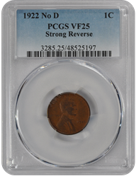 1922 No D  Strong Reverse Lincoln PCGS VF-25