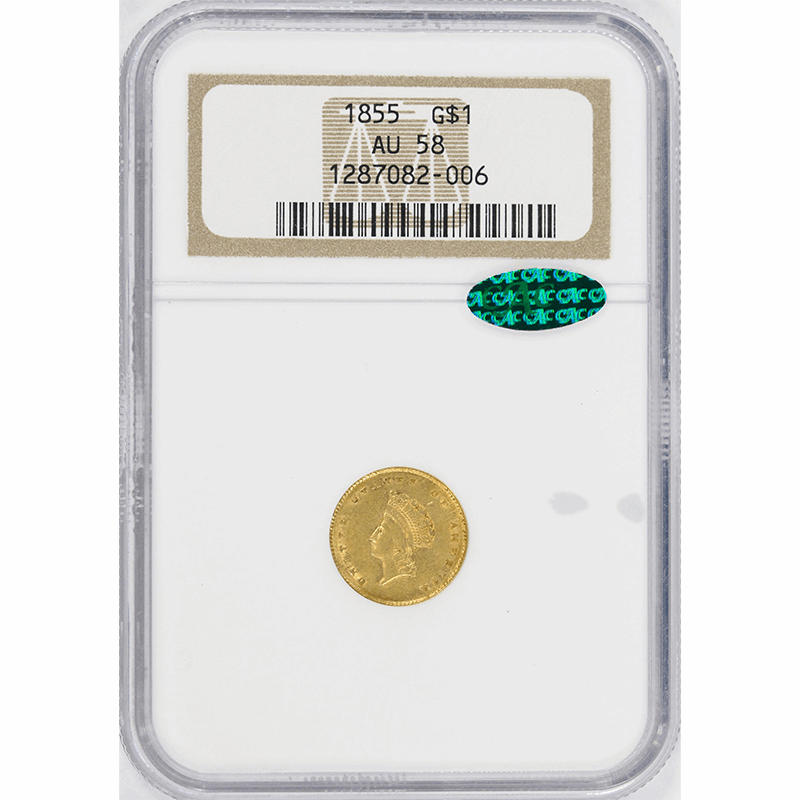 1855 G$1 Gold Indian Princess Head TYPE 2 - NGC AU58 CAC - Nice Original Coin