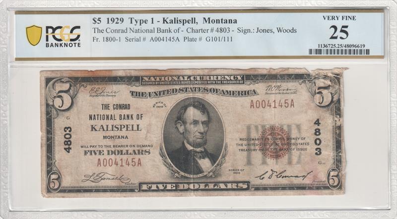 Fr. 1800-1 1929 $5 The Conrad National Bank of Kalispell, Montana 4803 Type 1 PCGS VF25 
