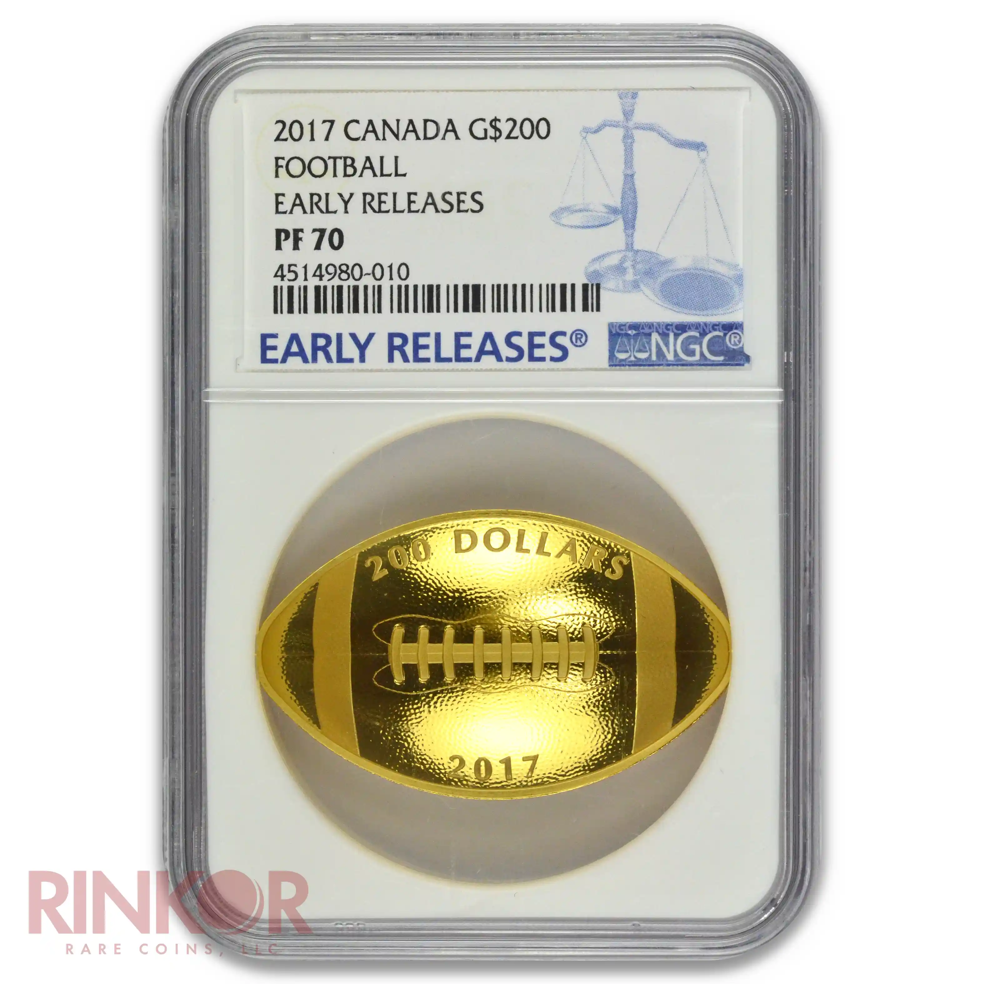 2017 1oz Gold Canada Football G$200 Early Releases NGC PF 70