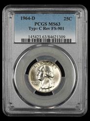 1964 D Washington Quarter PCGS MS63 Type C Reverse FS-901 MS63
