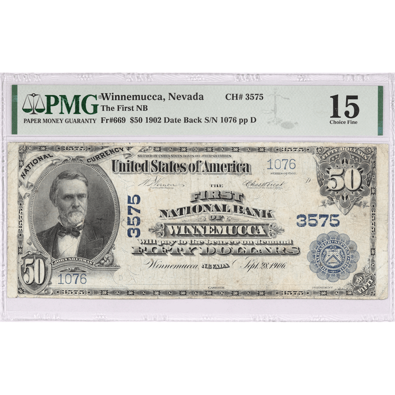 Winnemucca, Nevada $50 1902 Date Back. Fr. 669, Ch 3575, PMG  Choice Fine 15 -Remarkable Note