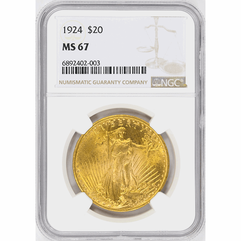 1924 $20 Saint Gaudens Gold Double Eagle NGC MS67 - MONSTER Coin - Lustrous
