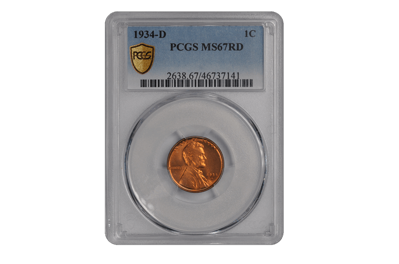 1934-D 1C Lincoln Cent - Type 1 Wheat Reverse PCGS RD #3470-1 MS67