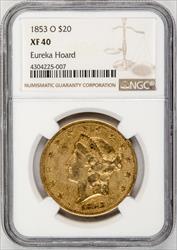 1853-O Liberty Head $20 NGC XF 40 EX: EUREKA HOARD