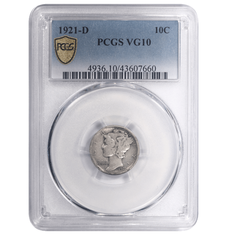 1921-D Mercury Dime, 10c, PCGS VG10 - Nice Original Coin