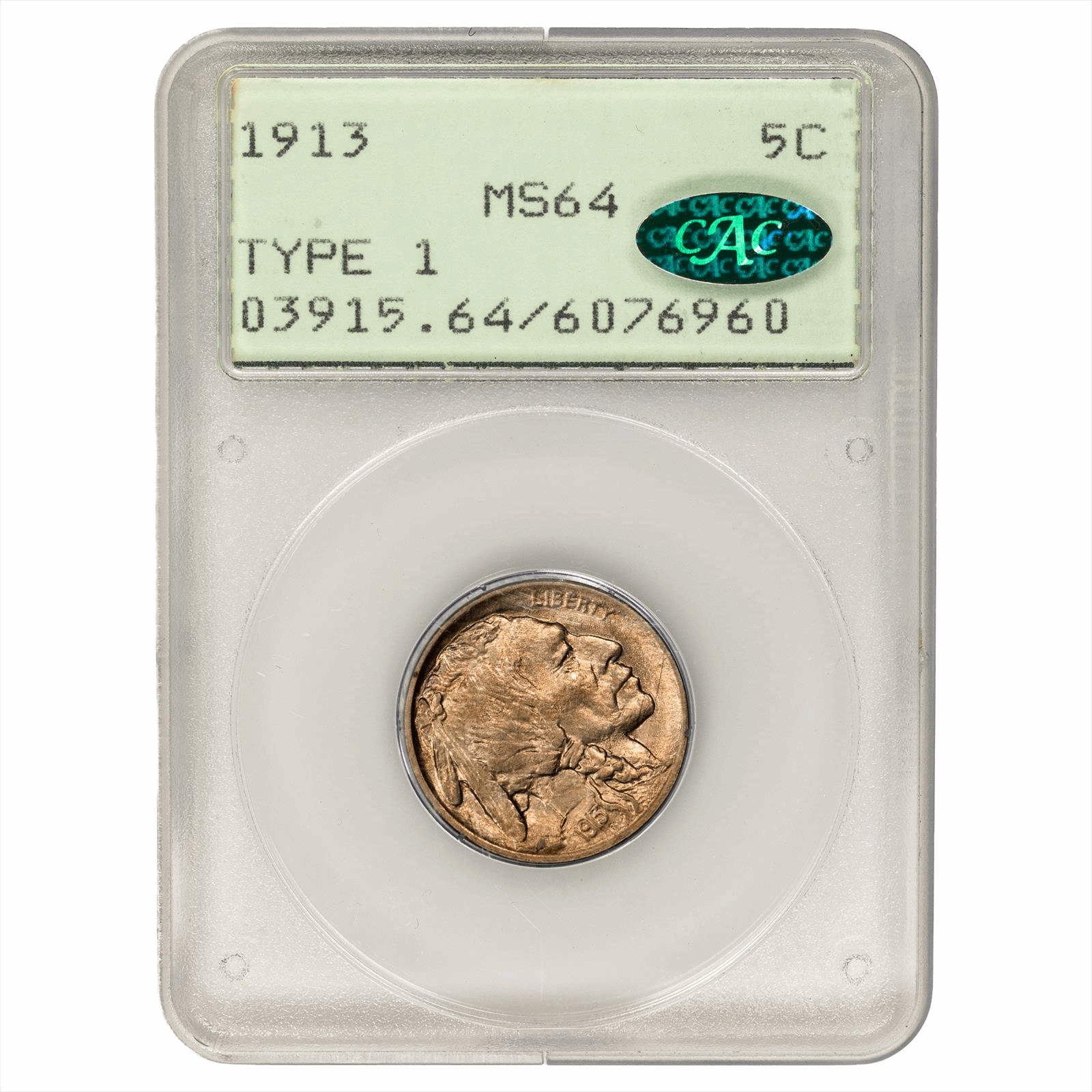 1913 Type 1 Buffalo Nickel 5C PCGS Rattler MS 64 CAC