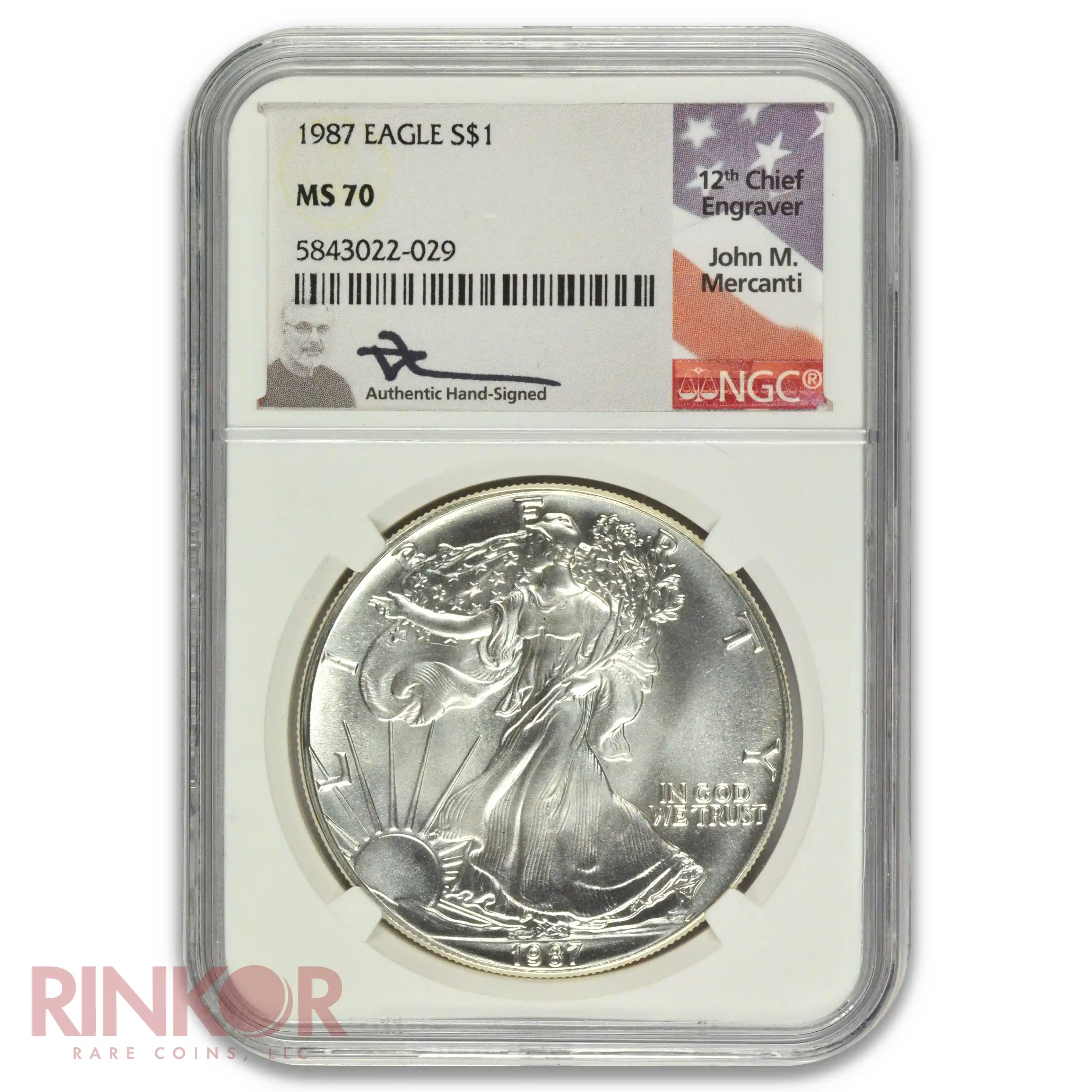 1987 1oz American Silver Eagle Mercanti Signature NGC MS 70