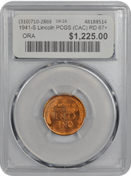 1941-S Lincoln PCGS (CAC) RD 67+ 