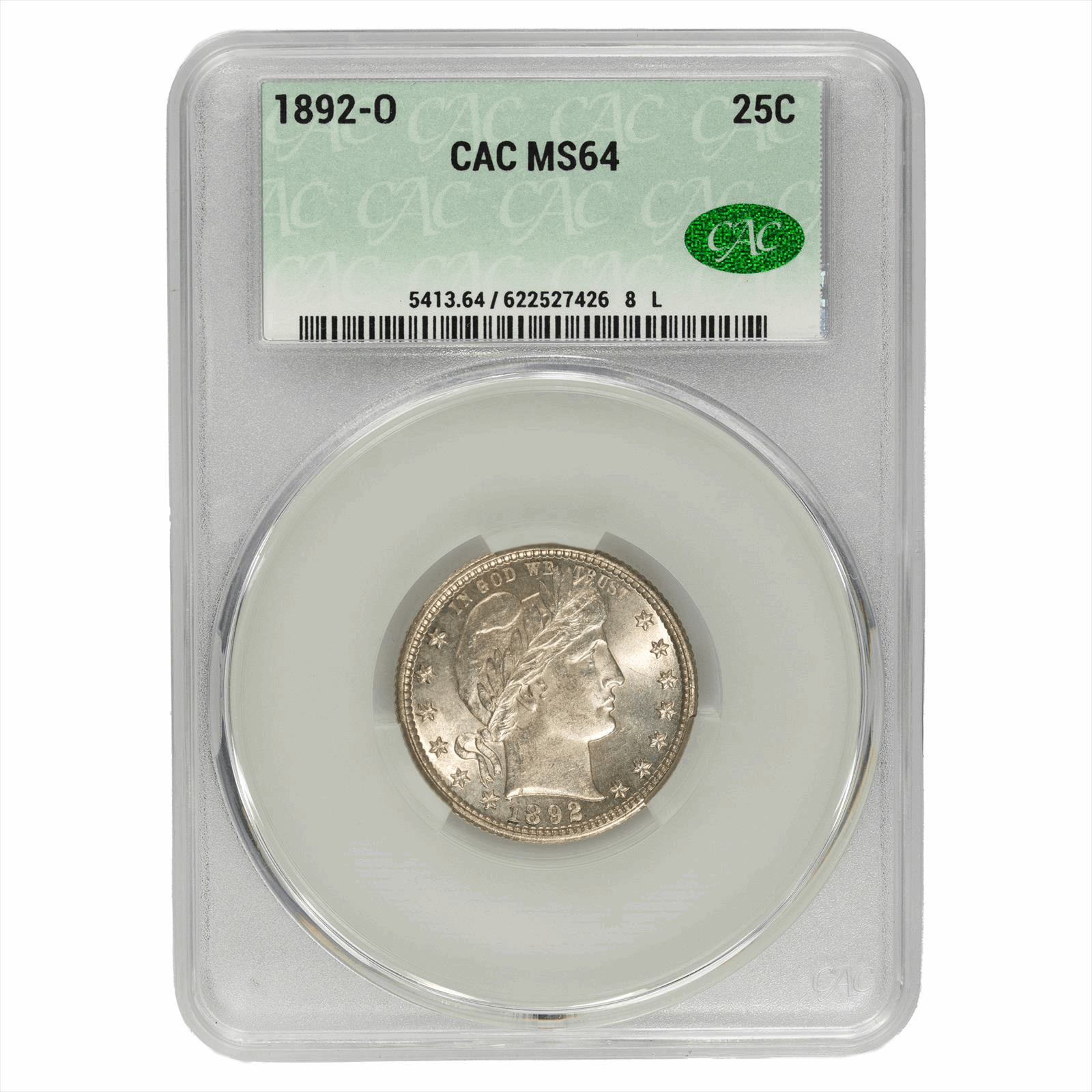 1892-O Barber Quarter 25C CACG MS 64 CAC