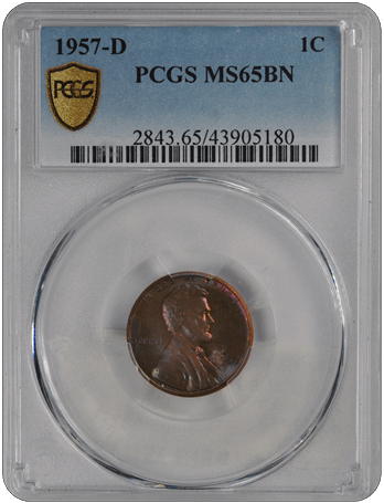 1957-D 1C Lincoln Cent - Type 1 Wheat Reverse PCGS BN #3439-1 MS65