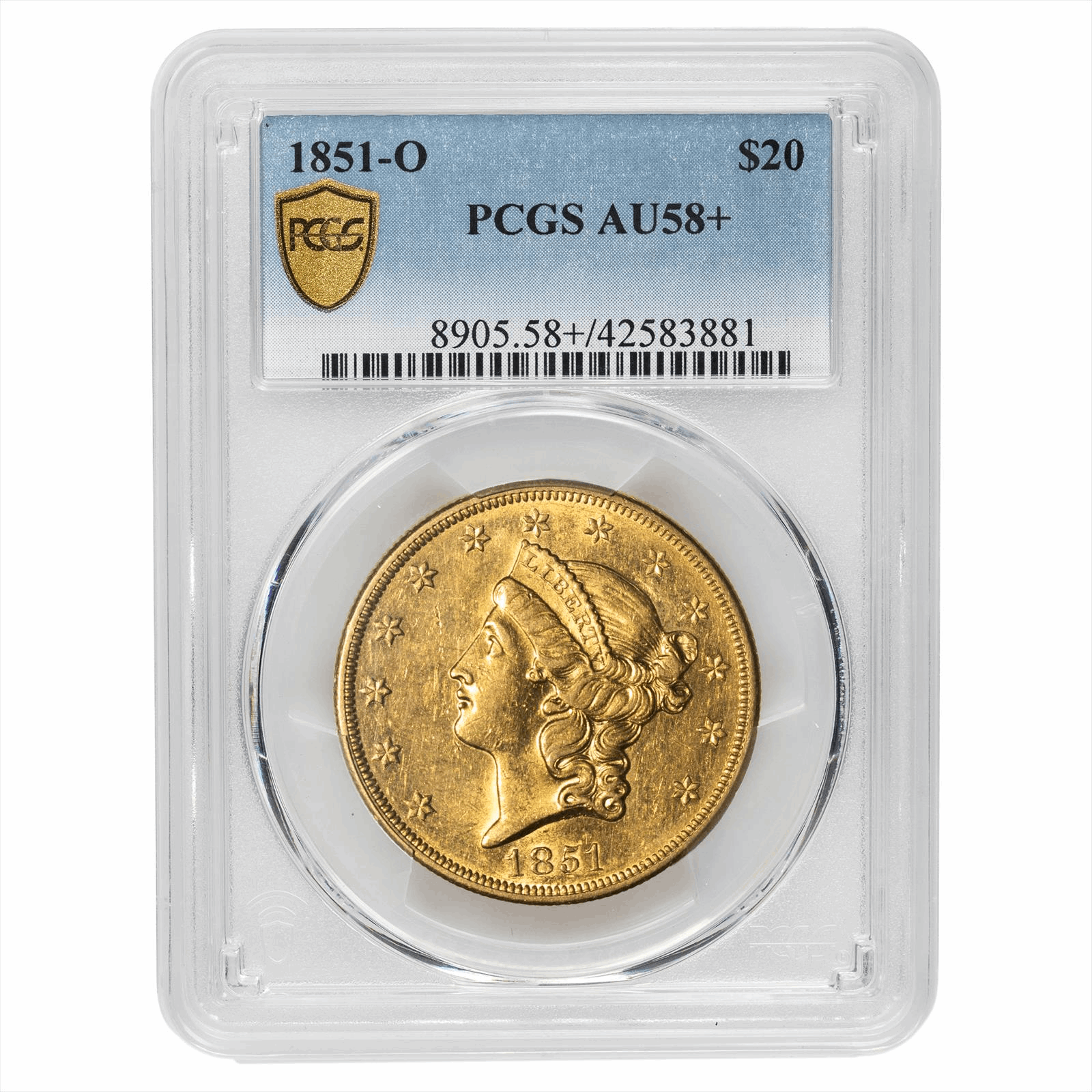 1851-O Liberty Head Double Eagle $20, PCGS AU 58+ - Exemplary Color and Surfaces