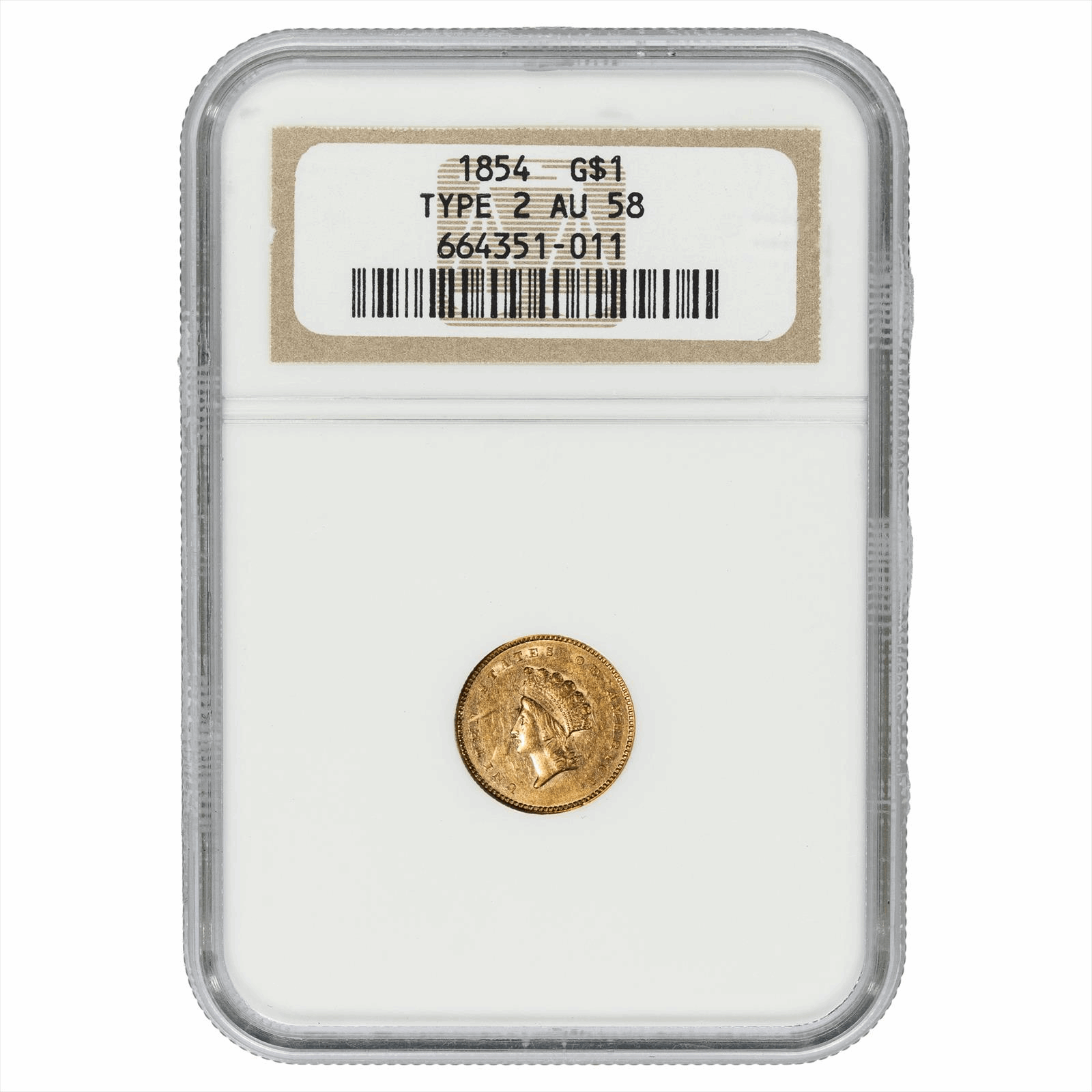 1854 Type 2 Indian Head Princess Head Gold Dollar $1 NGC AU 58