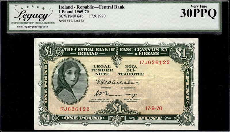 Ireland Republic Central Bank 1 Pound 1969-70 Very Fine 30PPQ 
