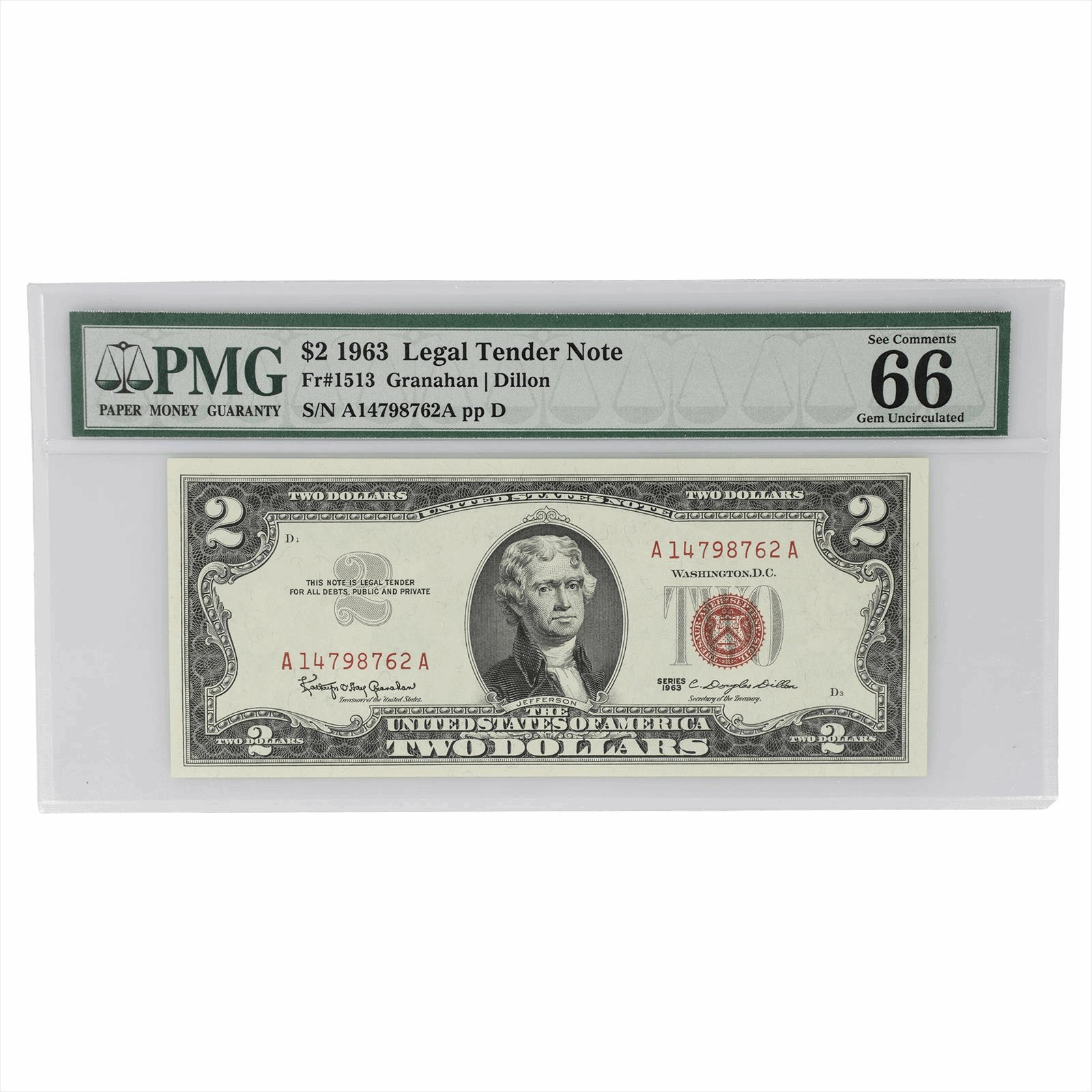 1963 $2 Legal Tender Note Fr#1513 PMG Gem Uncirculated 66 EPQ