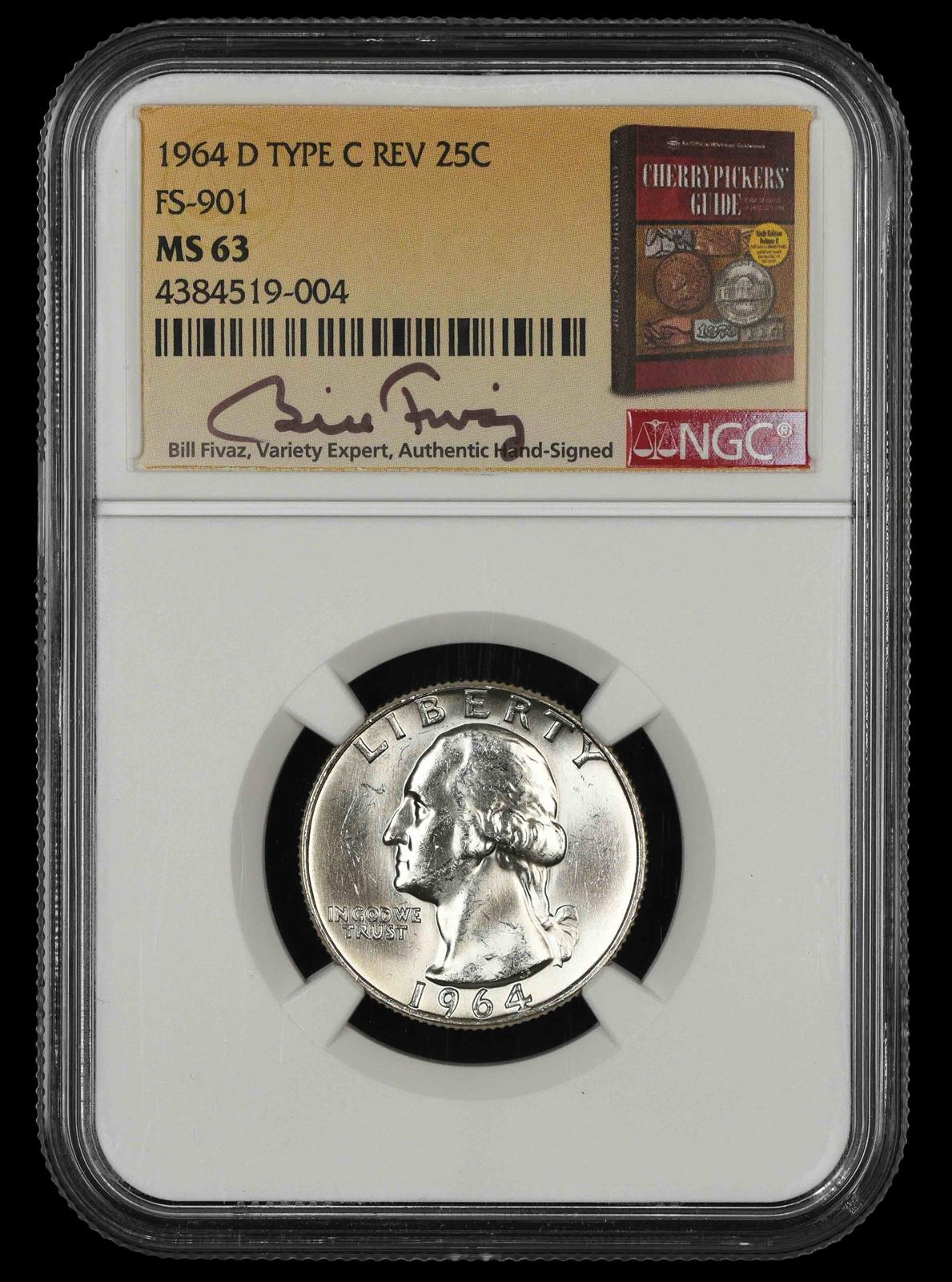 1964 D Washington Quarter NGC MS63 Type C Reverse FS-901 Bill Fivaz Signature Label MS63