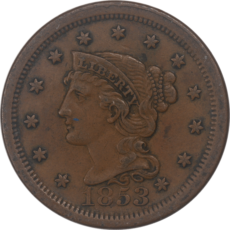 1853 Braided Hair Large Cent 1c Raw Ungraded Coin Circulated Extra Fine+