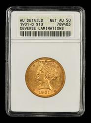 1901 O $10 Gold Mint Error Obverse Laminations Soapbox ANACS AU Details 