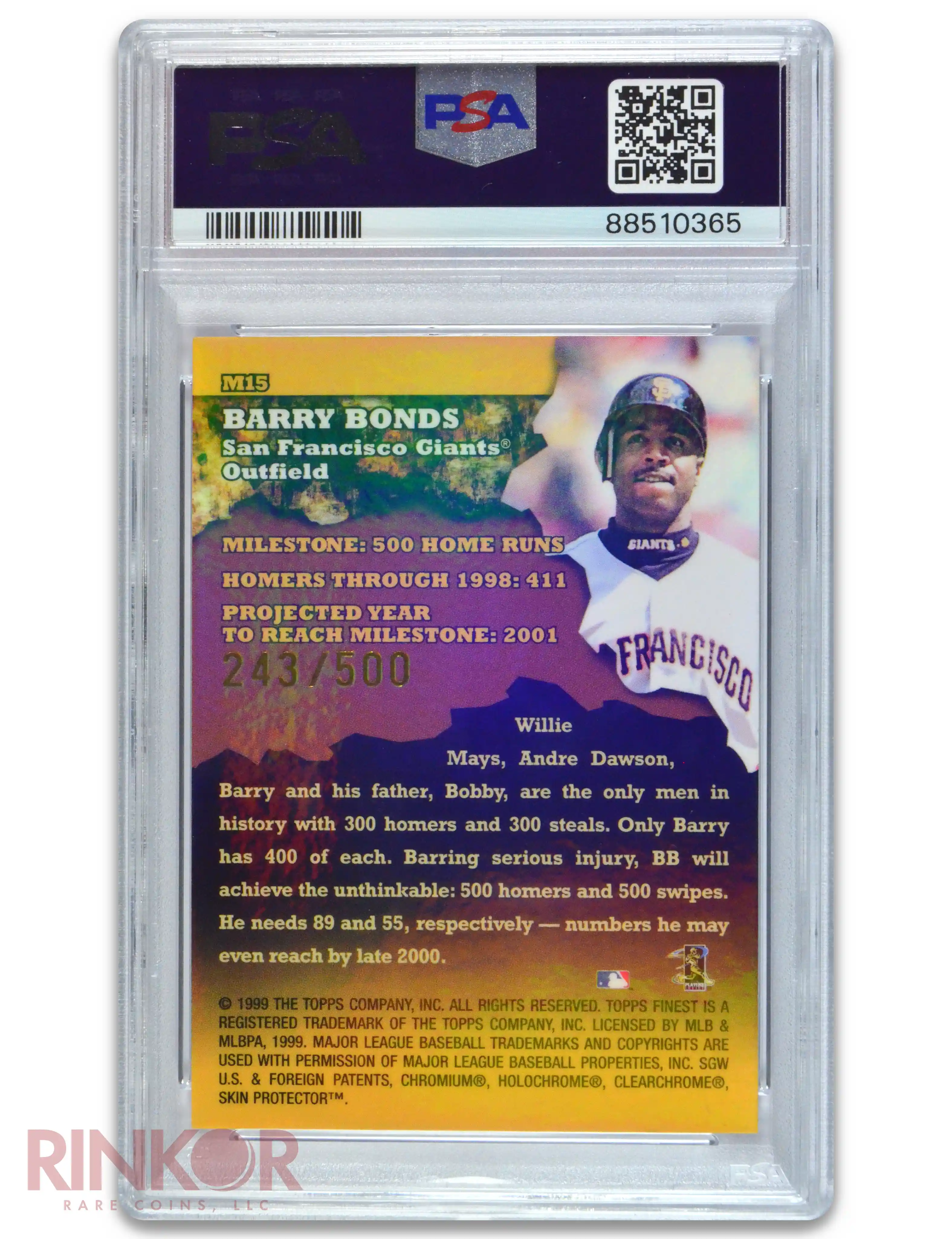 1999 Finest Milestones Barry Bonds /500 PSA GEM MT 10