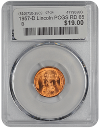 1957-D Lincoln PCGS RD 65