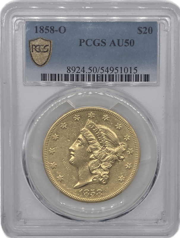 1858-O Liberty Head $20 PCGS AU50