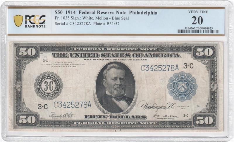Fr. 1035 1914 $50 Federal Reserve BN Philadelphia PCGS VF20