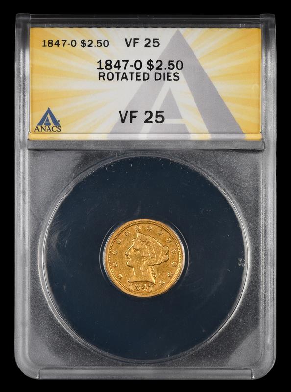 1847 O $2.5 Gold Mint Error Rotated Dies ANACS VF25