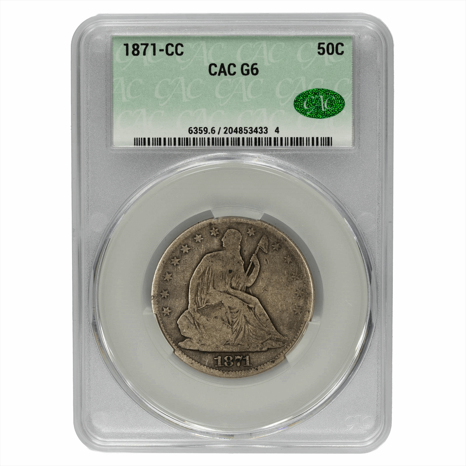 1871-CC  50C Seated Liberty Half Dollar  CAC G6