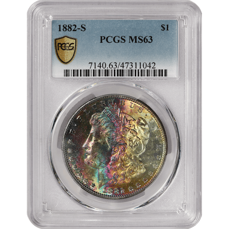 1882-S $1 Morgan Silver Dollar - RAINBOW Toned - PCGS MS63  - Stunning Coin!