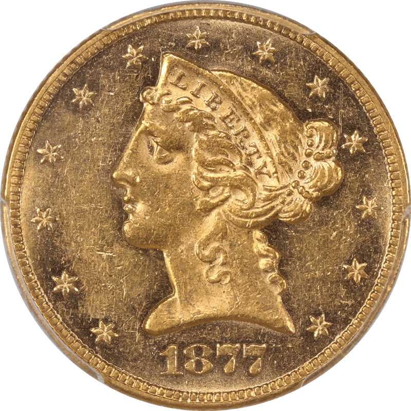 1877 Liberty $5 Gold Half Eagle PCGS AU58+ CAC - Highest CAC Approved Coin