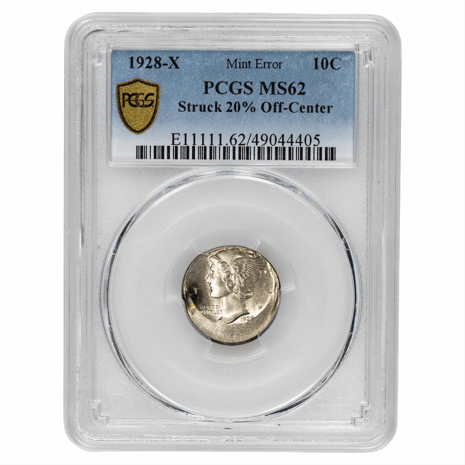 1928X Mint Error Mercury Dime 10C PCGS MS 62 Struck 20% Off Center