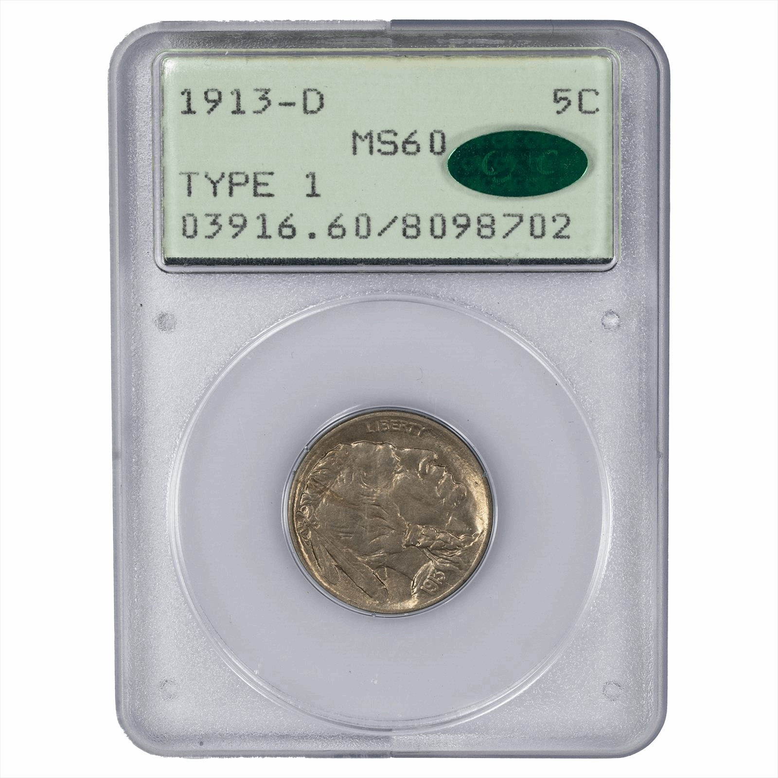 1913-D Buffalo Nickel Type 1 5C PCGS MS 60 CAC