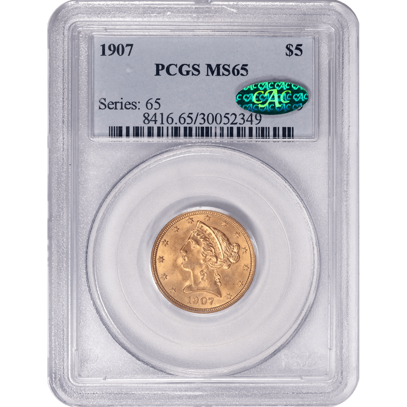 1907 Liberty $5 Gold Half Eagle, PCGS MS65 CAC - Lustrous, PQ+
