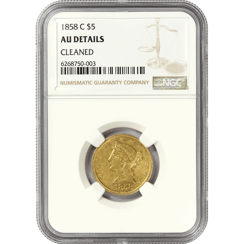 1858-C $5 Liberty Head Half Eagle, NGC AU Details, Improperly Cleaned