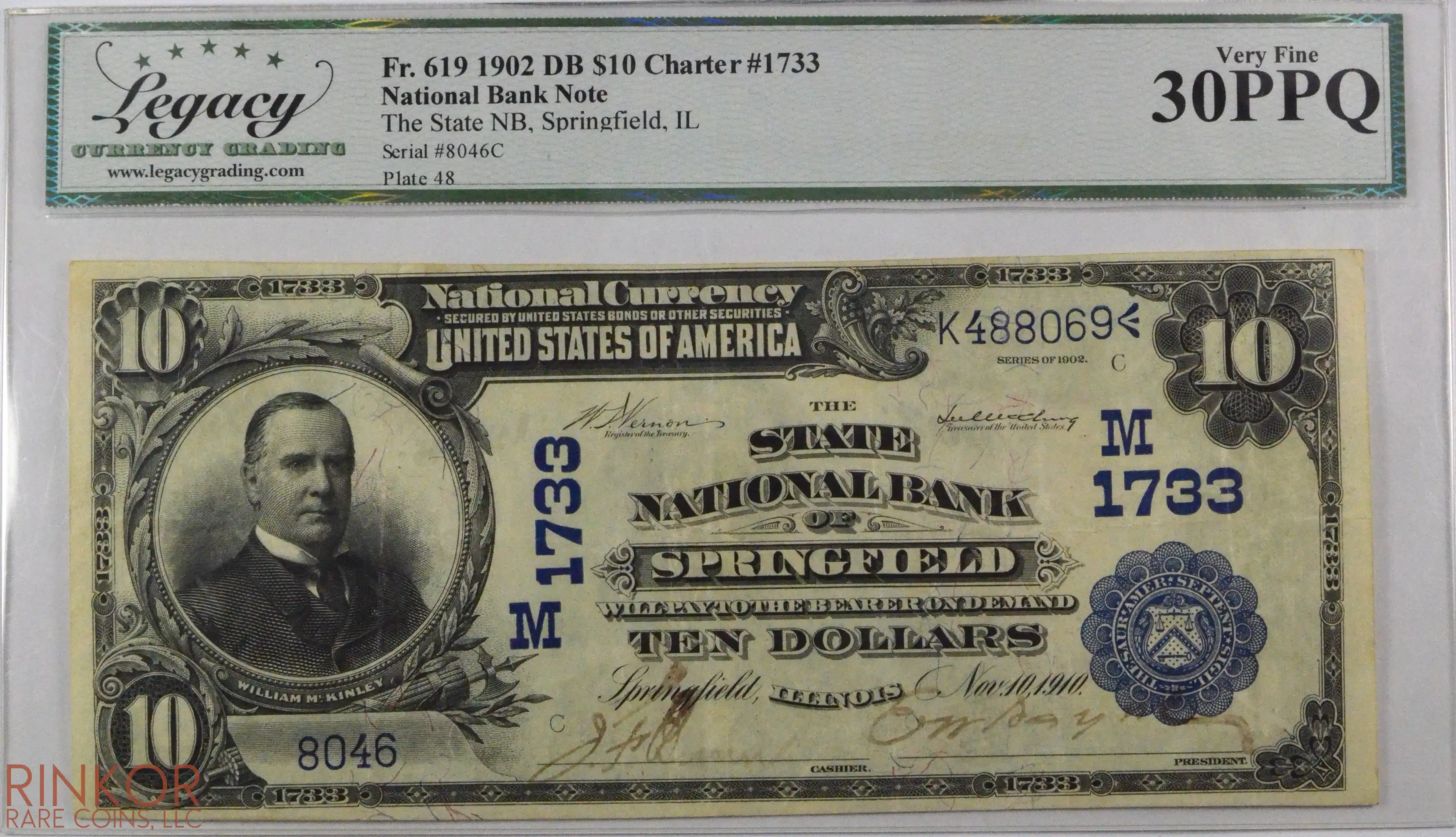 1902 Date Back $10 Fr. 619 Charter #1733 LCG VF-30 PPQ