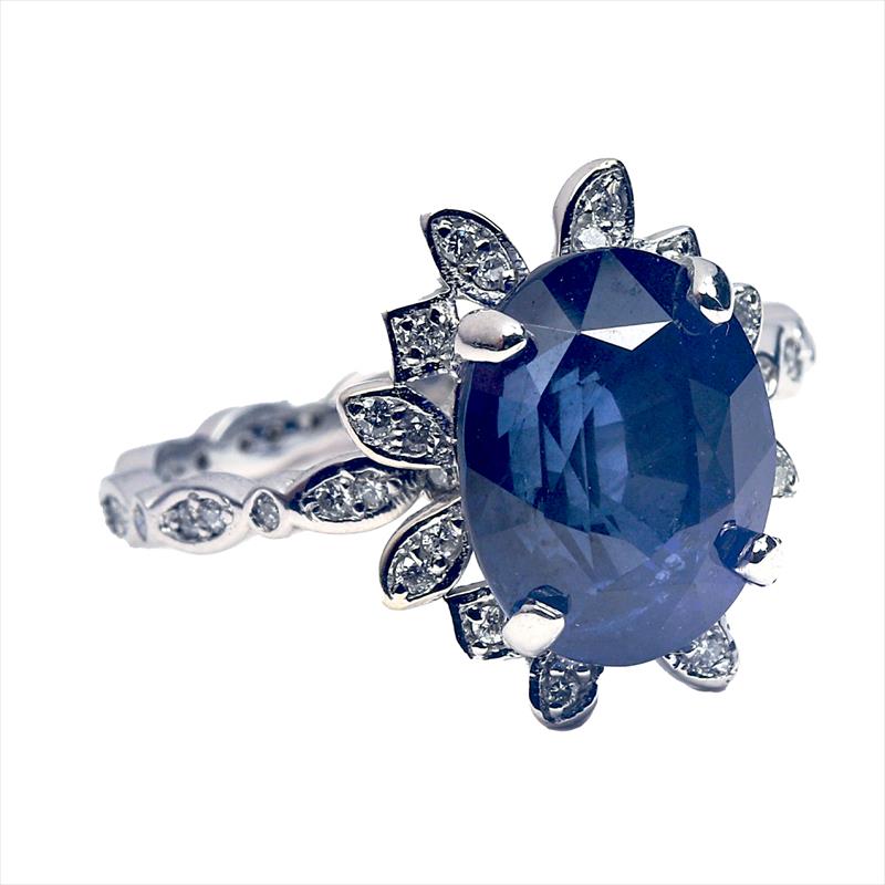 18k White Gold 5.96ct Natural Deep Blue Great Color Oval Cut Sapphire w/ Diamonds Vintage Ring Size 6.5 