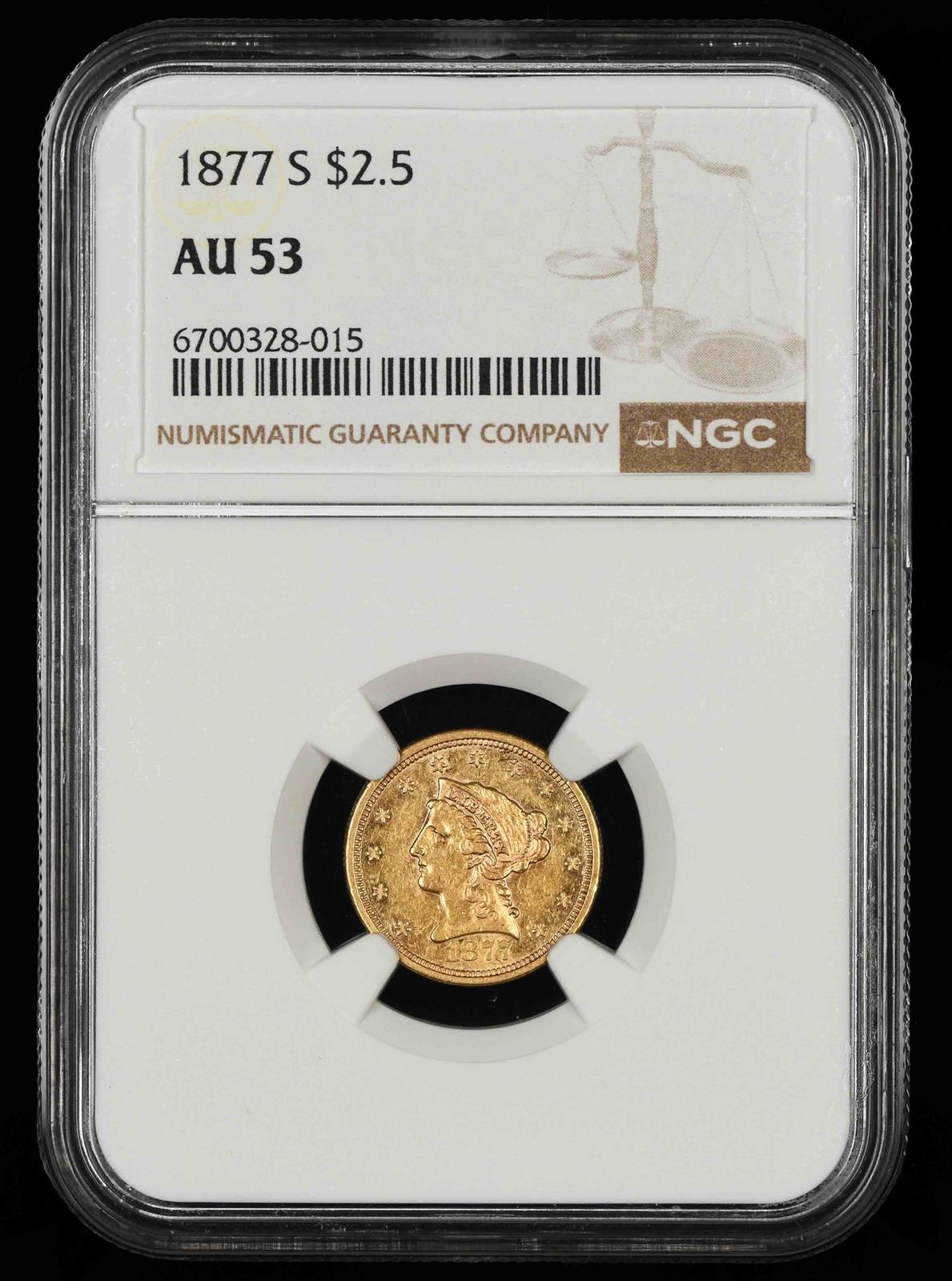 1877 S $2.5 Gold NGC AU53