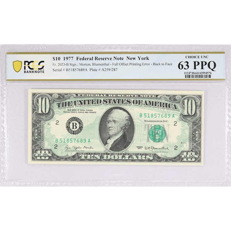 Fr, 2023-B 1977 $10 Federal Reserve Note, PCGS Choice UNC 63 PPQ - Full Back to Face Offset