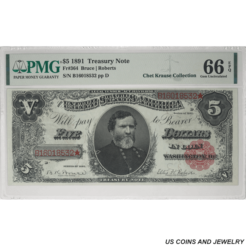 1891 $5 Treasury Note PMG  GU 66 EPQ - Nice Bright Color