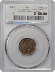 1919-S 1C Lincoln Cent - Type 1 Wheat Reverse PCGS BN #3602-13 MS63