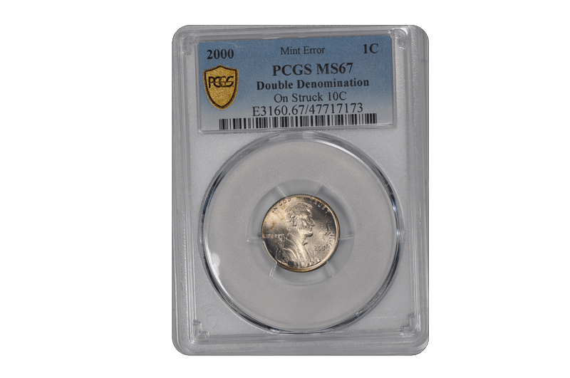 2000 1C PCGS Struck on Struck 10c Mint Error MS 67