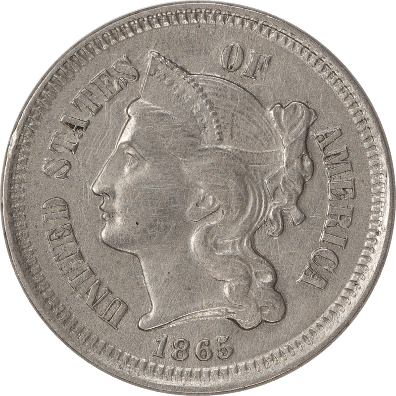 1865 Three Cent Nickel, 3CN Circulated Extra Fine - Crusty Original