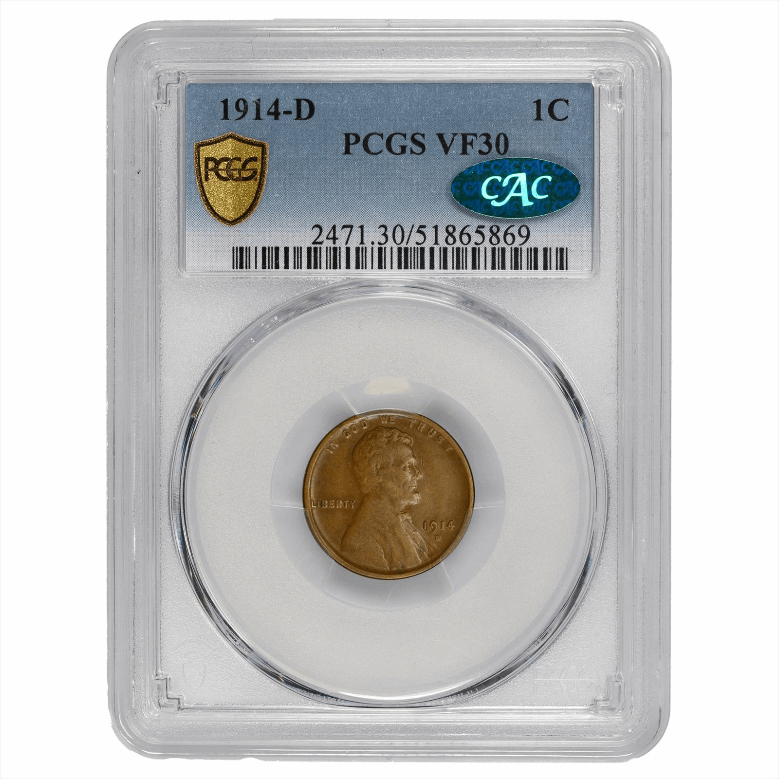 1914-D Lincoln Wheat Cent 1C, BN PCGS VF 30 - Key Date!!