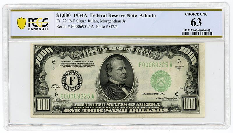 1934A $1000 Federal Reserve Note - Atlanta - Fr# 2212-F - PCGS Choice UNC 63