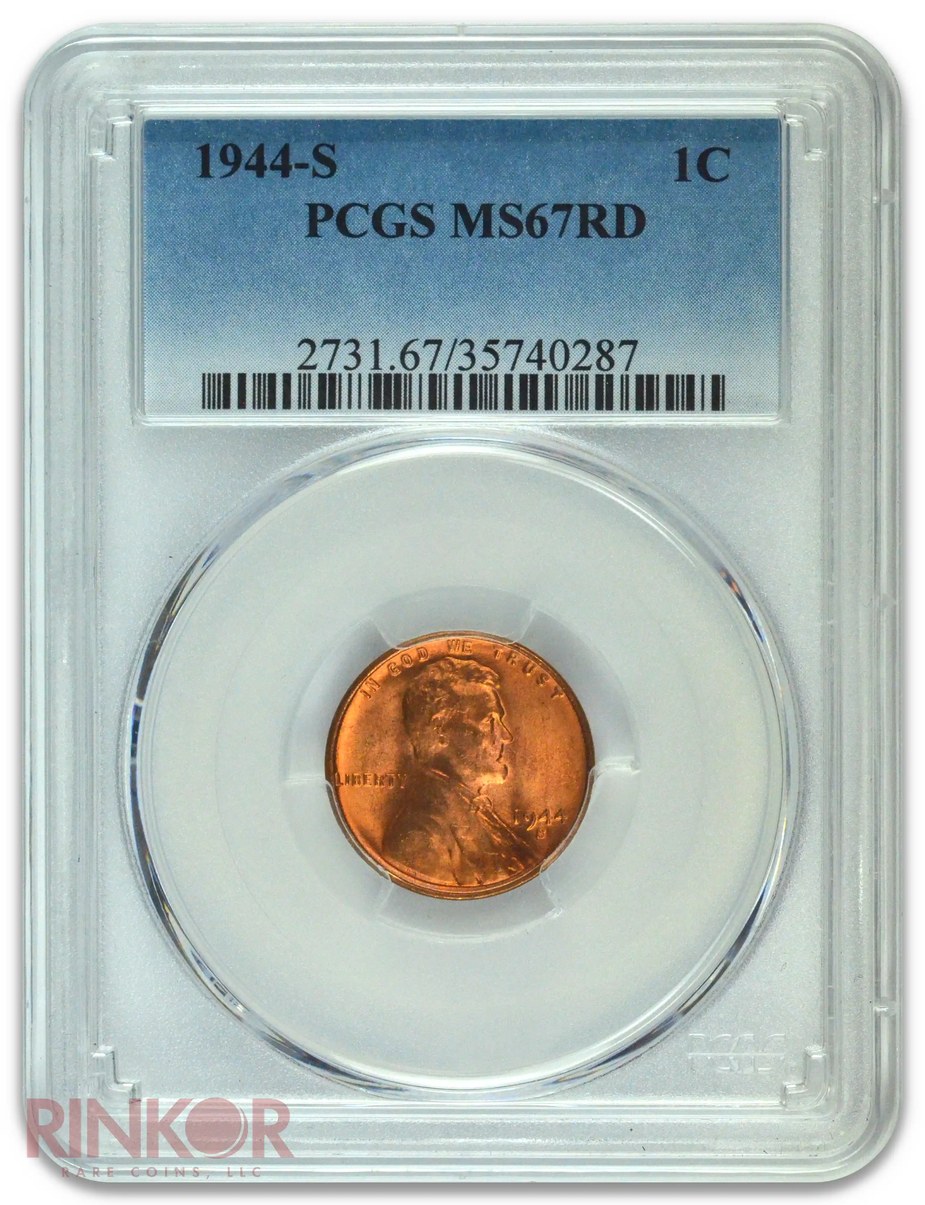 1944-S 1C Lincoln Wheat Cent PCGS MS 67 RD